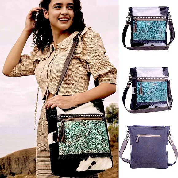 Myra shoulder bag upcycled leather handbag cow print trend boho western trending - Picture 2 of 16